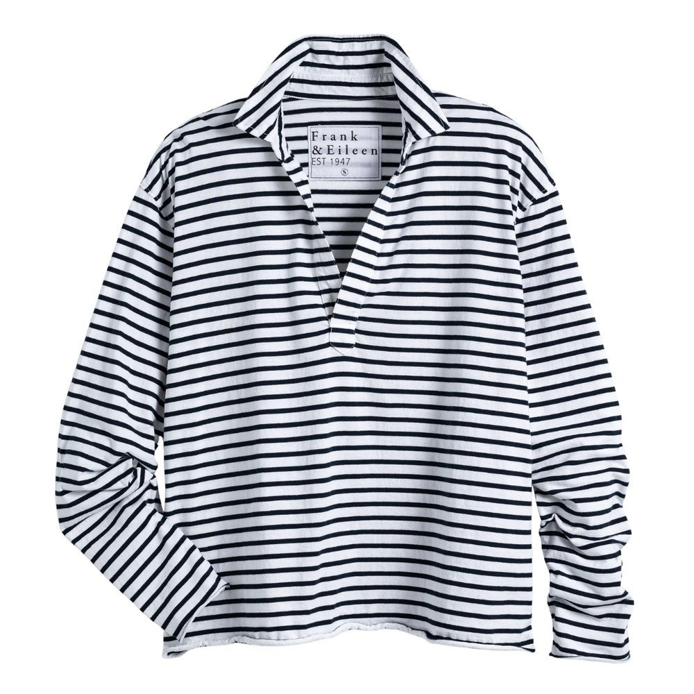 Frank & Eileen Patrick Popover Henley Large White Navy Stripe Cotton Jersey Polo